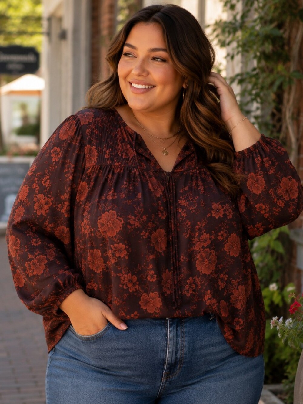 AVA & VIV Brown Floral Peasant Tunic Blouse. NWOT